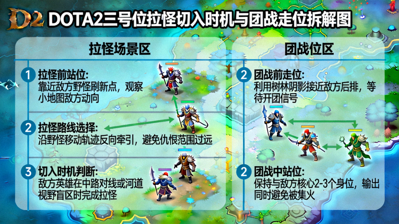 DOTA2三号位拉怪切入时机与团战走位拆解图